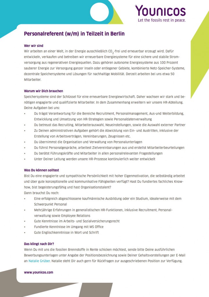 Younicos sucht einen Personalreferent (w/m) in Teilzeit in Berlin Younicos sucht einen Personalreferent (w/m) in Teilzeit in Berlin