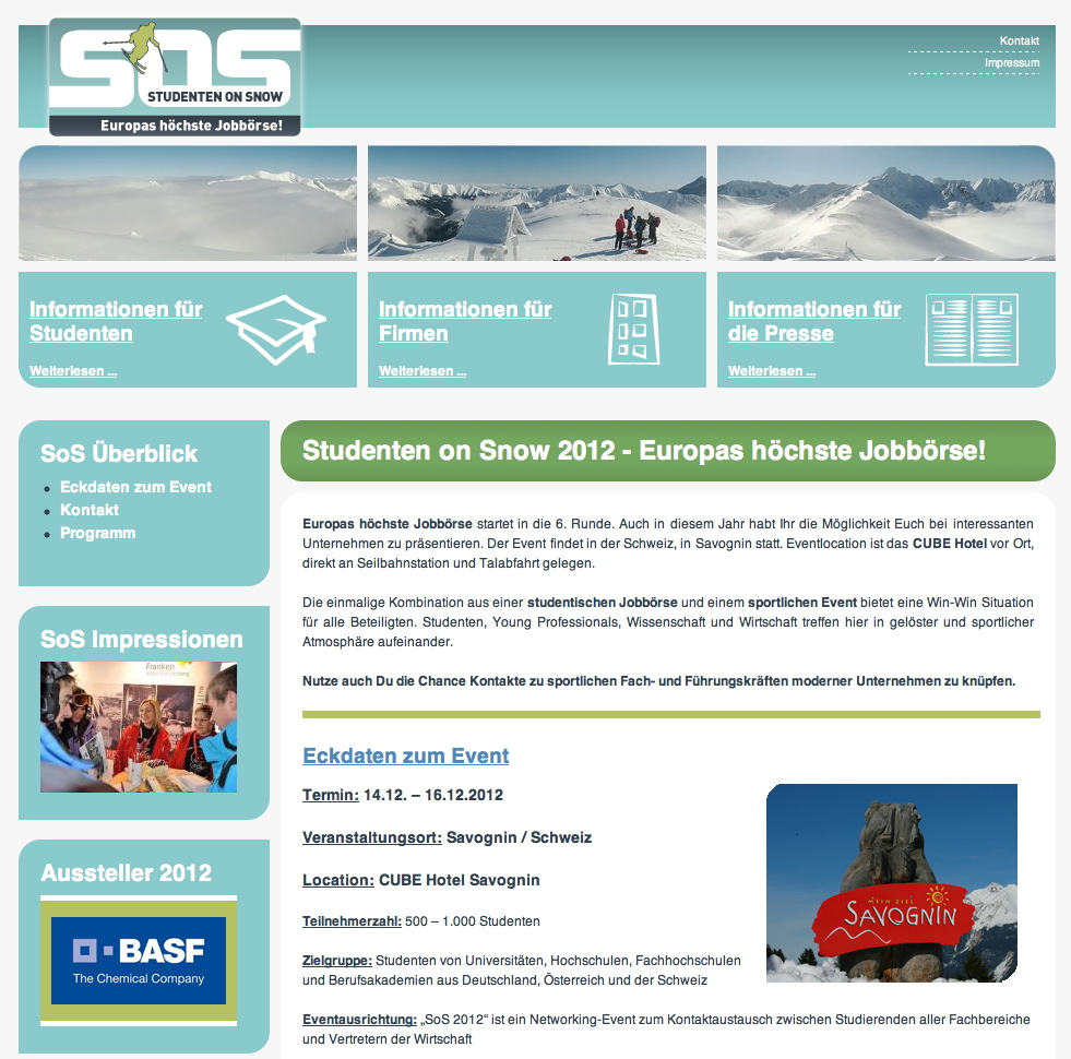 Students On Snow Website und Anmeldeformular