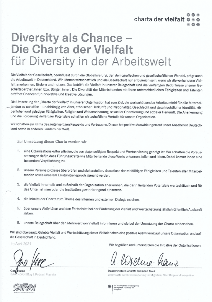 SAATKORN ist CHARTA DER VIELFALT Mitglied