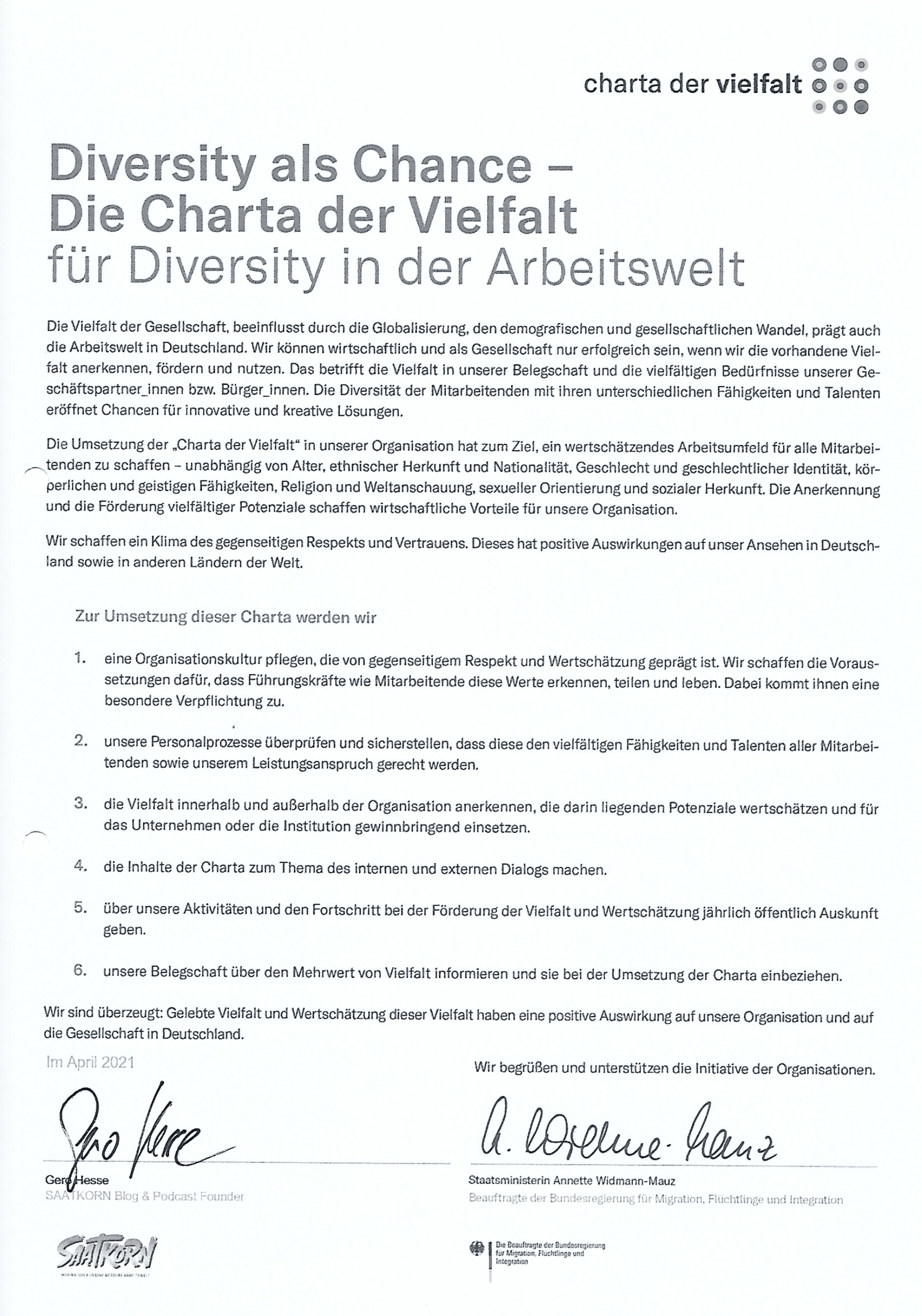 CHARTA der VIELFALT Urkunde SAATKORN